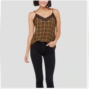 Allison Joy Ryan brown black plaid Cami lace top size medium